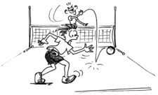 Comic: zwei Kinder spielen mit der Hand und einem Ball über ein Netz.