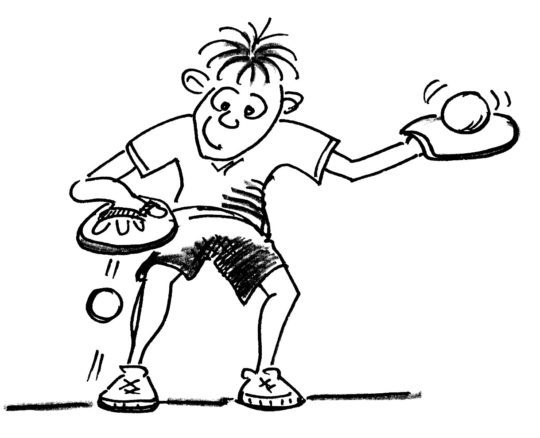 Disegno: con la mano destra, il giocatore fa rimbalzare una palla, e con la sinistra mantiene una pallina in equilibrio su una racchetta