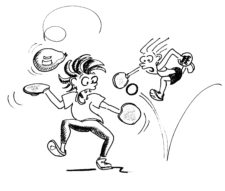 Dessin: deux enfants jouent au Goba tout en maintenant en l'air un ballon de baudruche.