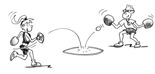 Disegno: due bambini giocano a Goba e fanno rimbalzare la palla in un cerchio situato fra di loro