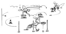 Disegno: tre bambini eseguono un percorso con una pallina e due racchette in mano