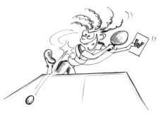 Dessin: un joueur frappe une balle de tennis de table en coup droit et montre avec l'autre main une carte sur laquelle figure un W.
