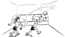 Comic: in einem Court spielen zwei Kinder mit den Händen nach Squashregeln.