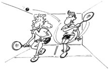 Comic: zwei Jugendliche spielen auf einem verkleinerten Spielfeld Squash.