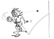 Dessin: un enfant joue seul au squash contre un mur.