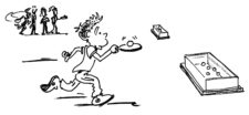 Disegno: un bambino corre trasportando una pallina su una racchetta da tennis tavolo verso un elemento di cassone rovesciato (deposito)