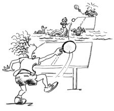 Disegno: due giocatori giocano su un tavolo da ping pong tagliato a metà
