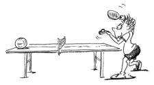 Comic: Ein Spieler visiert einen Ball, der auf der entgegengesetzten Tischhälfte steht.