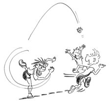 Comic: Drei Kinder werfen sich einen Shuttle zu und rennen im Kreis.