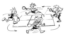 Disegno: quattro bambini giocano a Street Racket e corrono attorno a un campo