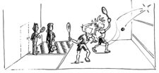Comic: Zwei Kinder spielen Squash auf 3/4 des Courts.