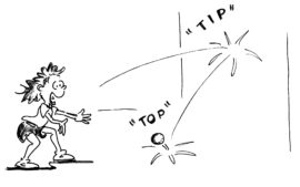 Disegno: un giocatore lancia una pallina contro la parete, quando tocca la parete grida "tip" e quando tocca il suolo grida "top"