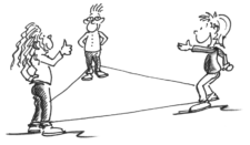 Comic: Drei Kinder bilden mit Gummitwist ein Dreieck.