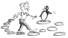 Disegno: un bambino cammino su dei sassi piatti sotto lo sguardo attento di un pinguino