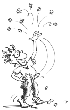 Dessin: Un garçon lance des boules de papier en l'air.