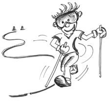 Comic: Kind mit Skibrille und -stöcken geht einer Slalomlinie entlang.