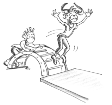 Comic: zwei Kinder auf einem Kletterbogen springen auf eine grosse Matte. 