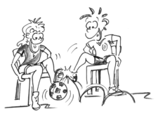 Dessin: deux enfants sont assis sur une chaise et essaie de bloquer un ballon avec les pieds.
