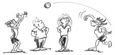 Comic: Vier Personen werfen sich einen Ball zu.