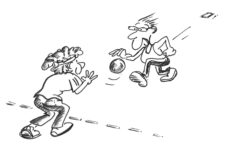 Comic: Eine Person dribbelt einen Ball, eine andere bereitet sich auf die Ballannahme vor.