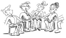 Comic: Vier Personen sitzen je auf einem Stuhl und klopfen sich nacheinander gegenseitig auf den Oberschenkel
