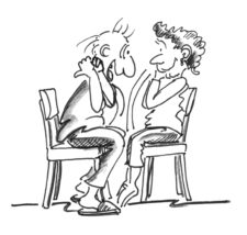 Comic: Zwei Personen sitzen sich auf je einem Stuhl gegenüber und zeigen mit den Daumen. 