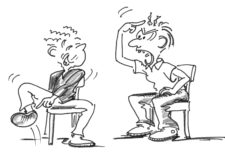 Comic: Zwei Personen auf Stühlen, eine lacht, die andere schmipft.