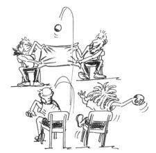 Comic: Vier Personen auf Stühlen, je 2 vis-à-vis, passen sich Bälle zu.