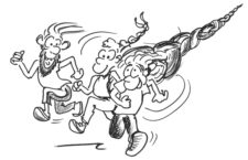 Comic: Drei Personen rennen nebeneinander und flechten einen imaginären Zopf.