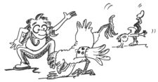 Comic: Eine Person beschreibt dem blinden Huhn die zu imitierende Position, welche eine dritte Person vormacht.