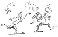 Comic: Drei Personen tanzen mit Luftballons.