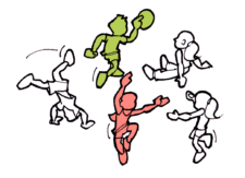 Comic: 5 Kinder beim Ballspielen, tanzen, Rad schlagen und Spass haben.