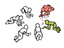 Dessin: des enfants sont à quatre pattes en cercle et tapent sur le sol avec la main.