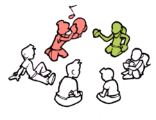 Comic: Kinder geben einen Ball kniend und sitzend im Kreis herum.