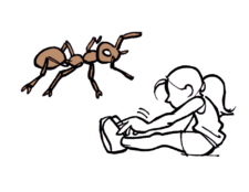 Dessin: une fille est assise les jambes tendues, une fourmi est à ses côtés.