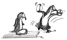 Dessin: un pingouin jongle avec deux oeufs sous le regard d'un autre pingouin.