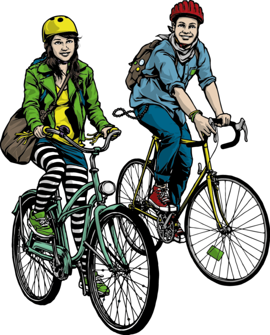 Grafik "Bike to schoo" - Velofahrerin und Velofahrer
