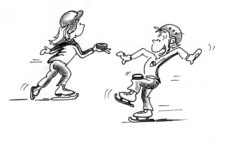 Dessin: deux enfants patinent avec un puck en équilibre sur la main, respectivement sur le genou.