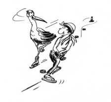 Dessin: une jeune fille croise une cigogne.