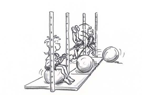 Dessin: des enfants s'exercent à la montée du ventre à la barre fixe avec un ballon de gymnastique.