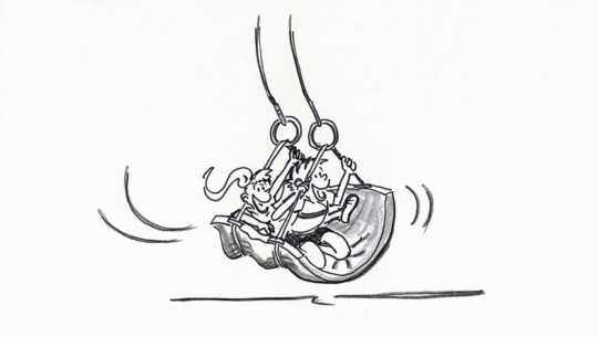Zeichnung: Zwei Kinder schaukeln auf einer Matte, die mit Seilen an 2 Schaukelringen befestigt ist.