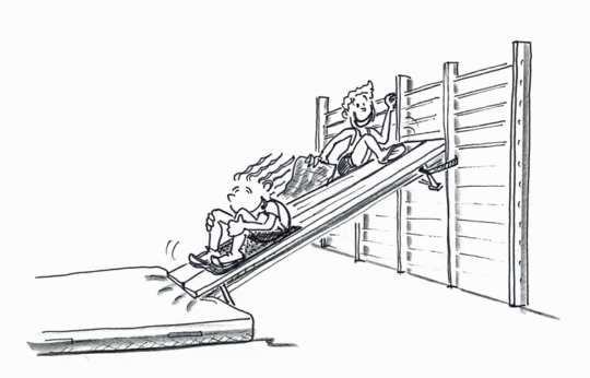 Zeichnung: Kinder rutschen auf Teppichresten eine Langbank hinunter, die an einer Sprossenwand befestigt ist. 