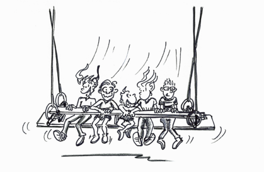 Dessin: des enfants se balancent assis sur un banc accroché à des anneaux.