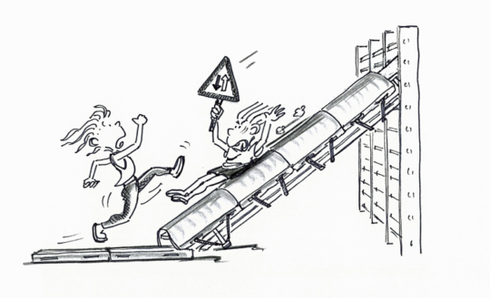 Zeichnung: Ein Kind läuft ein Matte hoch, die auf einer Langbank an der Sprossenwand befestigt ist, eins rutscht hinunter