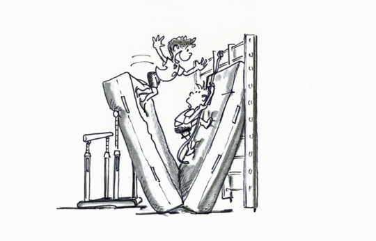 Zeichnung: Zwei Kinder springen zwischen zwei schräg stehenden dicken Matten hin und her.