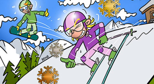 Cover Titelbild: Ski- und Snowboard-fahrende Kinder im Comic Style