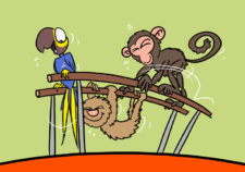 Fumetto: una scimmia, un pappagallo e un bradipo sono appesi alle parallele