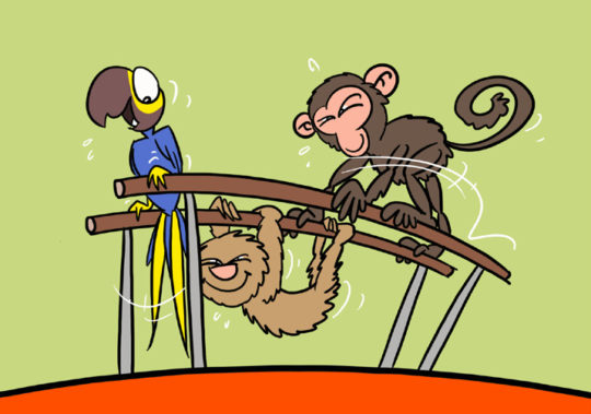 comic: Ein affe, ein papagei und ein faultier hangen an einem barren rum.