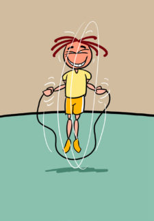 Fumetto: un bambino mentre salta con la corda