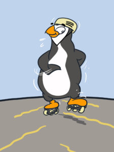 Fumetto: un pinguino con pattini rotelle ai piedi e casco in testa